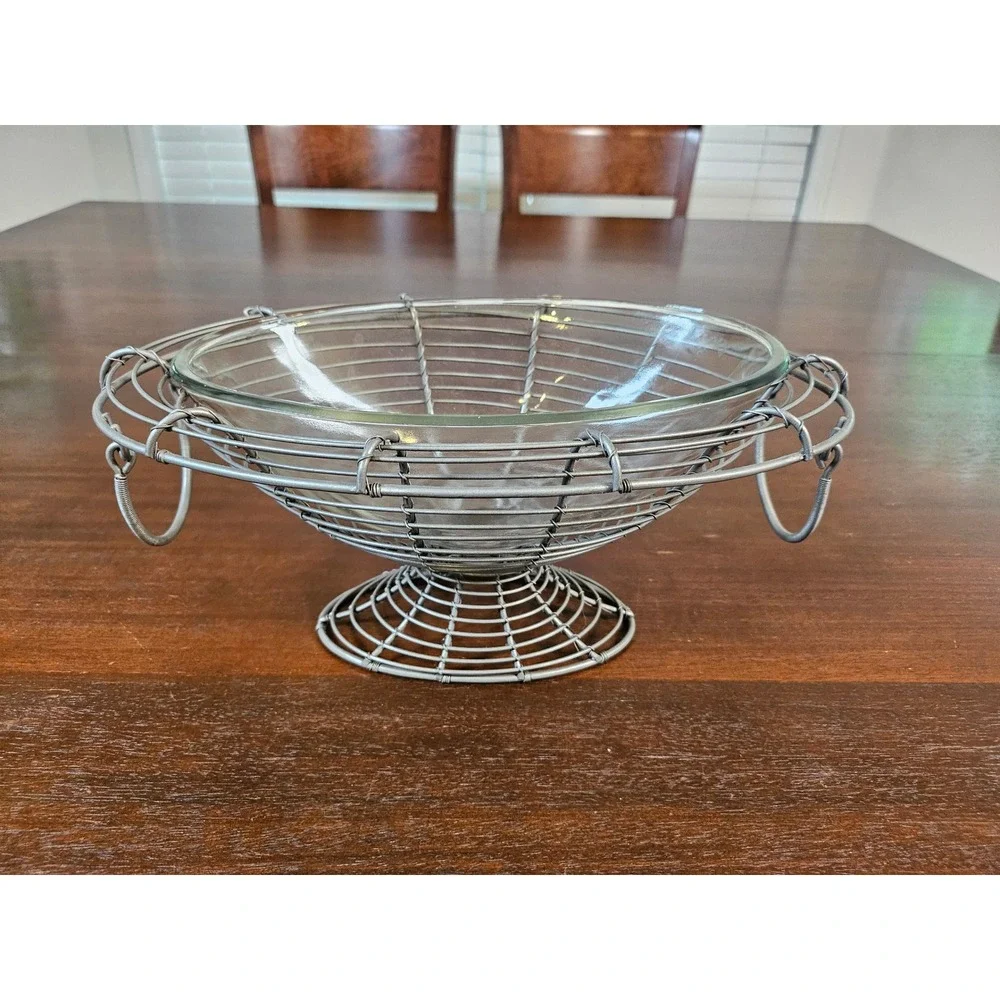 Wire Fruit Bowl Centerpiece Home Decor Silver Metal Glass Insert